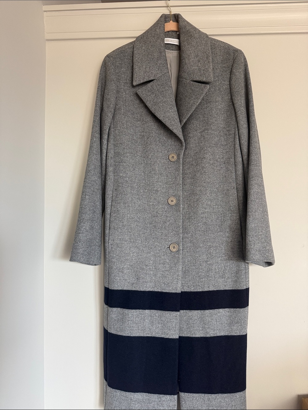 Gray Wool-Blend Coat with Navy Stripe Detail
